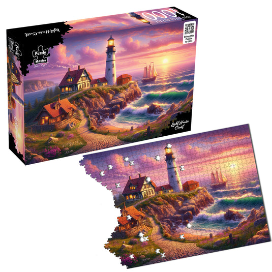 Puzzle Master Light House Coast 1000-piece jigsaw puzzle shown alongside its packaging box.