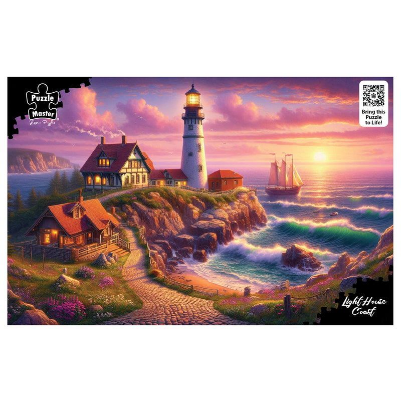 Load image into Gallery viewer, Puzzle Master Lighthouse Coast puzzle illustration featuring a lighthouse, cliffside cottages, and a sailboat during a vibrant coastal sunset.
