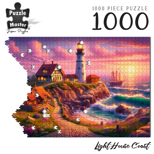 Puzzle Master 1000 piece jigsaw puzzle titled Light House Coast featuring a scenic coastal lighthouse and cottages at sunset.