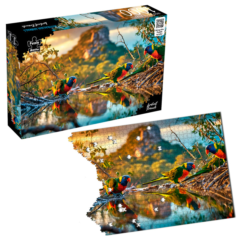 Load image into Gallery viewer, Puzzle Master 1000-piece Lorikeet Friends puzzle box alongside an assembled jigsaw puzzle featuring colourful rainbow lorikeets by reflective water.
