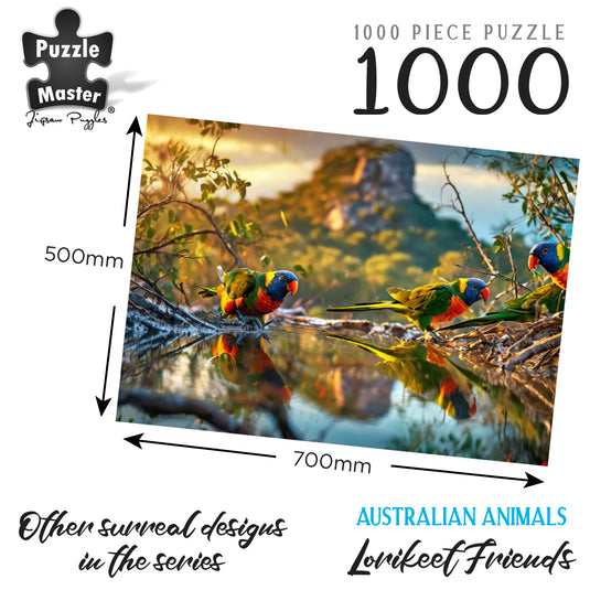 Puzzle Master 1000 piece jigsaw puzzle artwork featuring rainbow lorikeets by water, with dimensions measuring 700mm by 500mm.