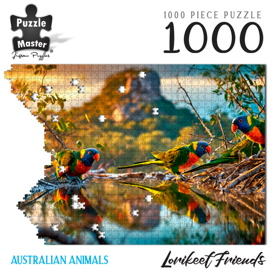 Puzzle Master 1000-piece Australian Animals Lorikeet Friends jigsaw puzzle showing colourful rainbow lorikeets by water in a partially assembled state.