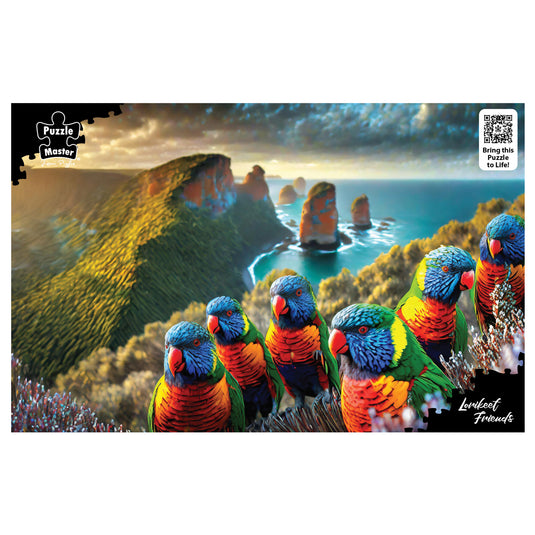 Illustration of colourful rainbow lorikeets perched in front of an ocean cliff landscape for the Lorikeet Friends jigsaw puzzle.