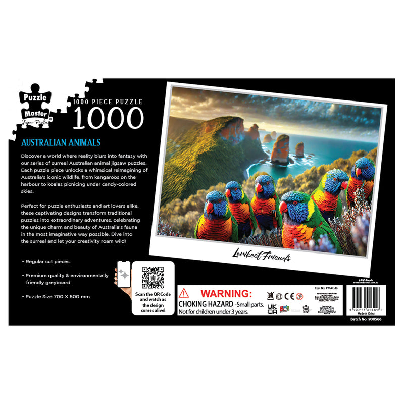 Load image into Gallery viewer, Rear packaging for Puzzle Master 1000-piece Australian Animals puzzle titled Lorikeet Friends with product information and barcode.
