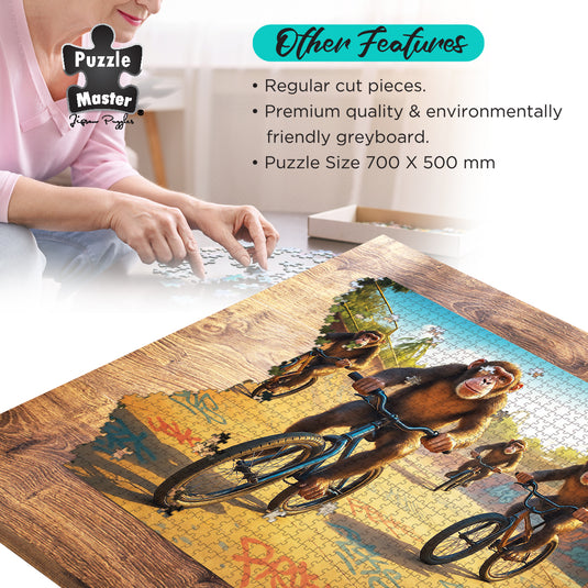 Puzzle Master jigsaw puzzle featuring monkeys riding bicycles being assembled on a wooden table with feature highlights.