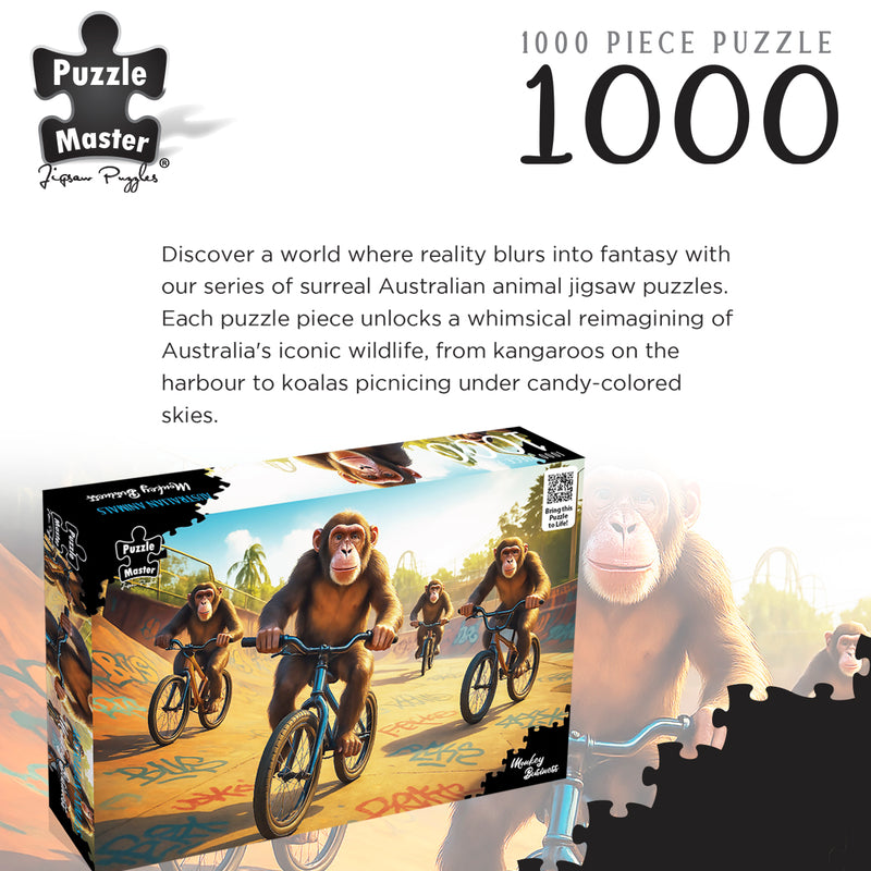 Load image into Gallery viewer, Puzzle Master 1000 piece puzzle box featuring Monkey Business artwork with chimpanzees riding bicycles in a skatepark.
