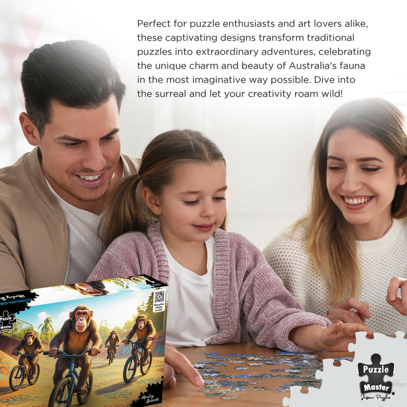Load image into Gallery viewer, A young girl and two adults smiling as they assemble the Puzzle Master Monkey Business jigsaw puzzle at a wooden table.
