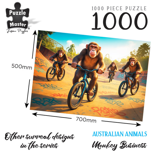 Puzzle Master 1000 piece jigsaw puzzle illustration featuring chimpanzees riding bicycles in a skatepark, measuring 500mm by 700mm.