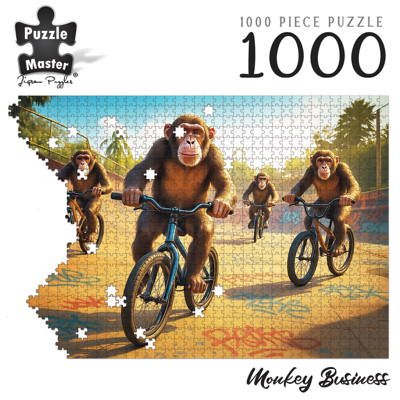 Load image into Gallery viewer, Puzzle Master Monkey Business 1000 piece jigsaw puzzle partially completed featuring chimpanzees riding bicycles
