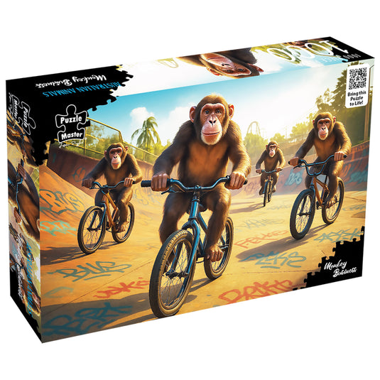 Puzzle Master Monkey Business 1000-piece jigsaw puzzle box showing chimpanzees riding bicycles in a skatepark.