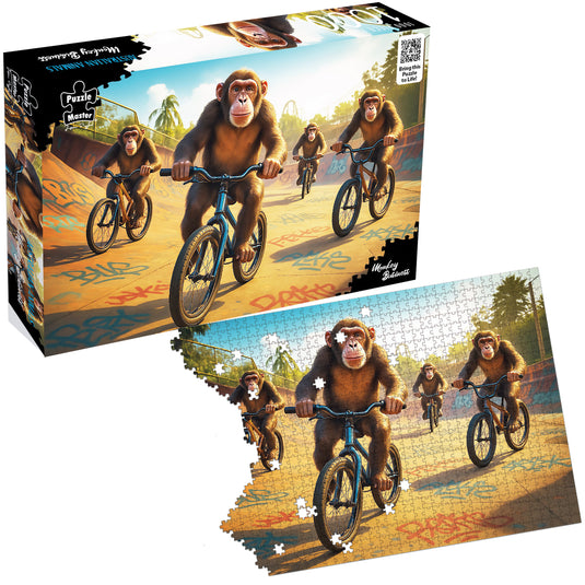 Puzzle Master Monkey Business jigsaw puzzle box with a partially completed puzzle showing chimpanzees riding BMX bikes in a skatepark.
