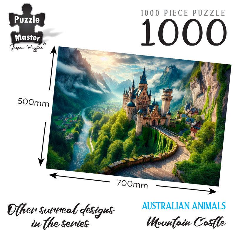 Load image into Gallery viewer, Puzzle Master Mountain Castle 1000 piece jigsaw puzzle illustration showing dimensions of 700mm by 500mm
