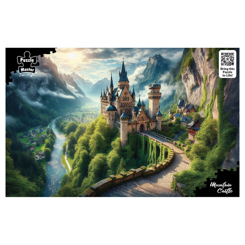 Load image into Gallery viewer, Puzzle Master jigsaw puzzle artwork featuring an enchanting medieval mountain castle nestled amongst alpine peaks and a river valley.
