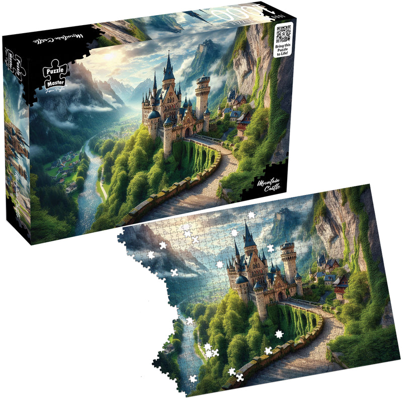 Load image into Gallery viewer, Puzzle Master Mountain Castle jigsaw puzzle box next to a partially completed puzzle featuring a castle on a lush mountain cliff.
