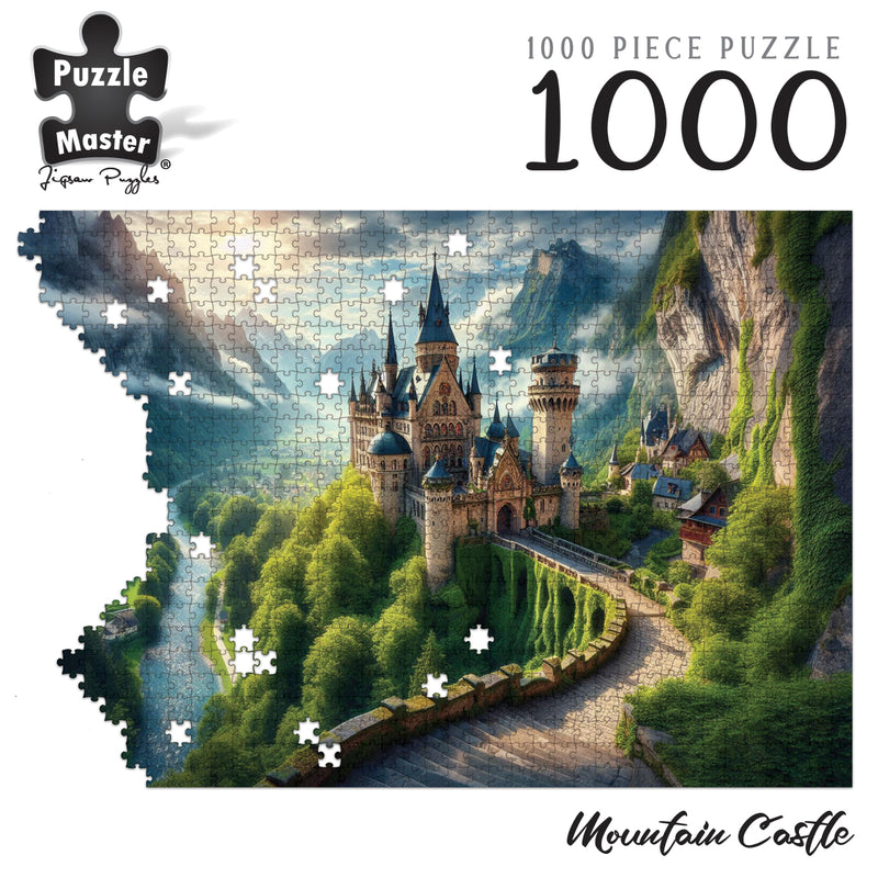 Load image into Gallery viewer, Puzzle Master 1000 piece jigsaw puzzle showcasing the Mountain Castle artwork partially assembled.
