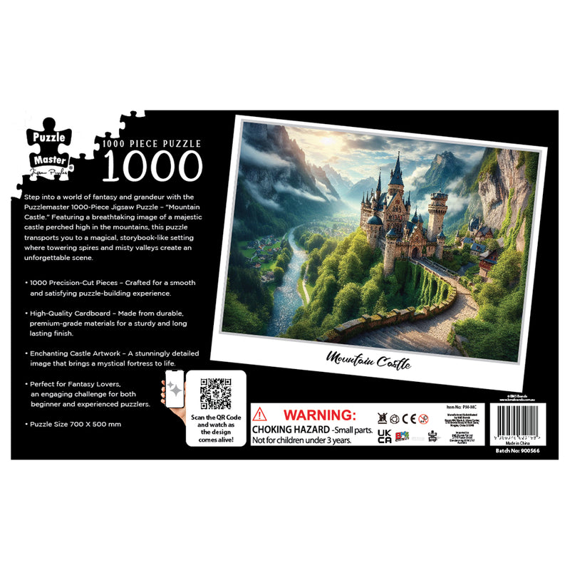 Load image into Gallery viewer, Back panel of the Puzzle Master Mountain Castle 1000-piece puzzle box showing artwork of a fantasy castle in a mountain valley alongside specifications and warning labels.
