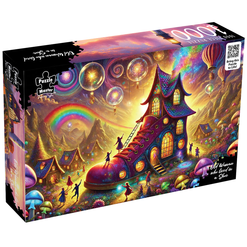 Load image into Gallery viewer, Angled view of a Puzzle Master 1000-piece jigsaw puzzle box featuring a colourful fantasy painting of a shoe-shaped house with a rainbow and glowing bubbles.
