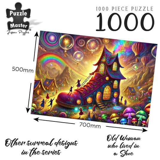 Puzzle Master Old Woman Who Lived in a Shoe 1000-piece jigsaw puzzle artwork showing finished dimensions of 700mm by 500mm.