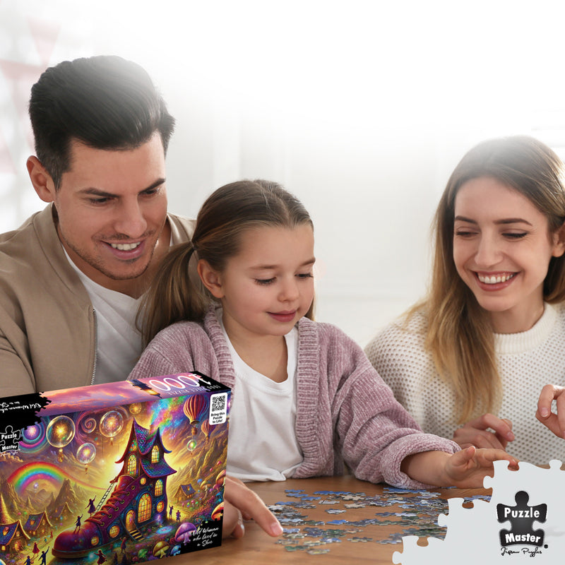 Load image into Gallery viewer, A family smiling and assembling a jigsaw puzzle together at a table beside the Old Woman Who Lived in a Shoe puzzle box.
