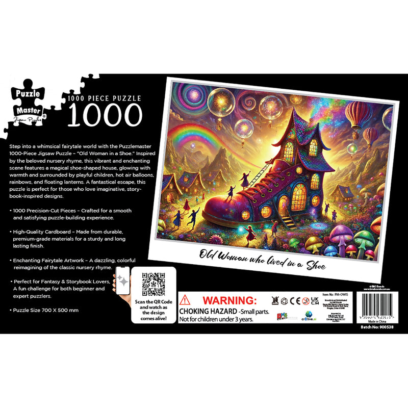 Load image into Gallery viewer, Back packaging panel of a 1000-piece Puzzle Master jigsaw puzzle showing the Old Woman in a Shoe artwork preview and product details.
