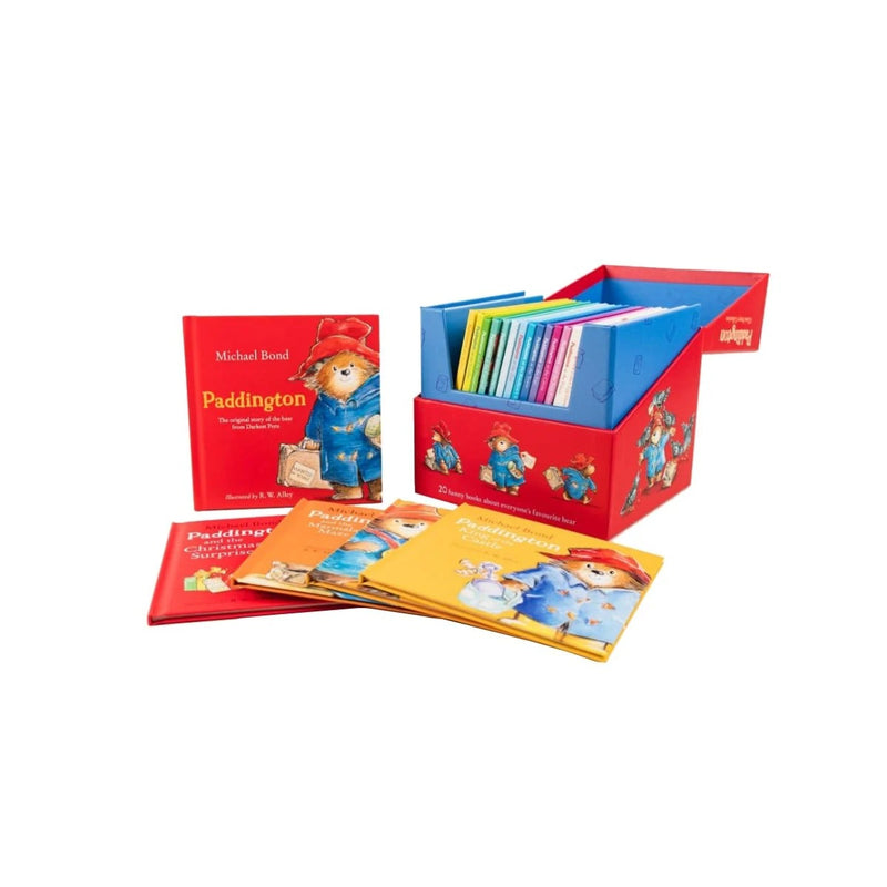Load image into Gallery viewer, A red Paddington Bear book collection box set with several colourful children's picture books displayed outside the open box.
