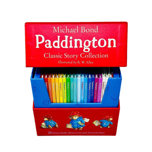 Paddington Classic Story Collection red box set containing 20 colourful children's paperback books.