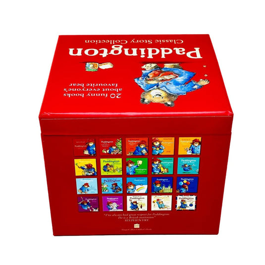 Red Paddington Classic Story Collection 20-book box set featuring illustrations and a grid of book covers on a white background.