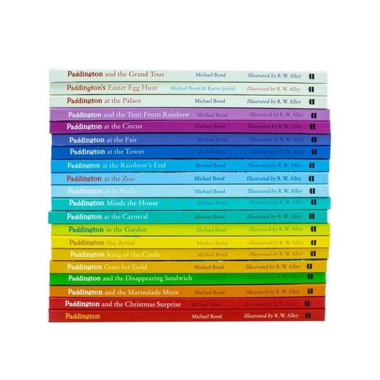 A stack of twenty colourful Paddington Bear paperback books showing their spines against a plain white backdrop.