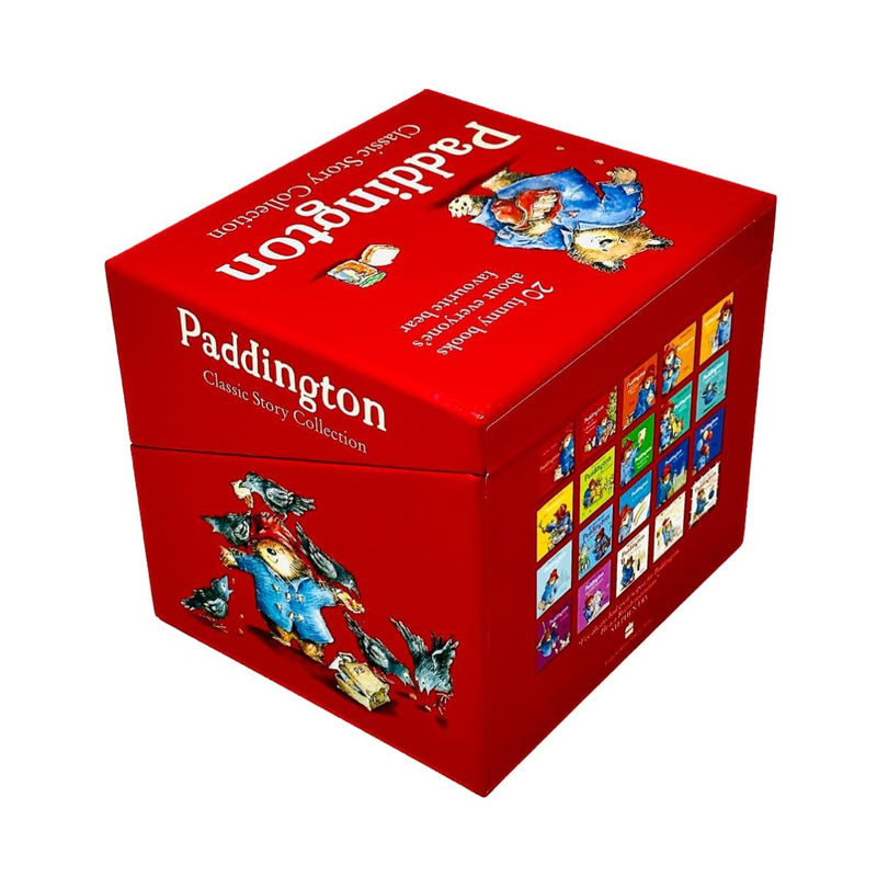 Load image into Gallery viewer, Red box set of Paddington Classic Story Collection featuring 20 children's books with classic Paddington Bear illustrations.

