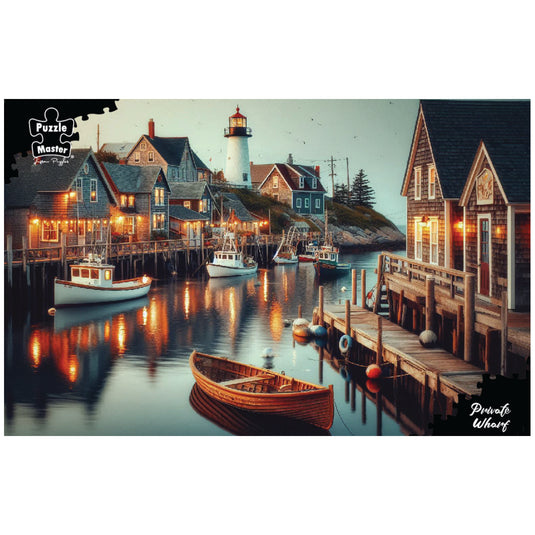 Puzzle Master Private Wharf jigsaw artwork showing an illuminated coastal harbour village with fishing boats and a lighthouse at dusk.