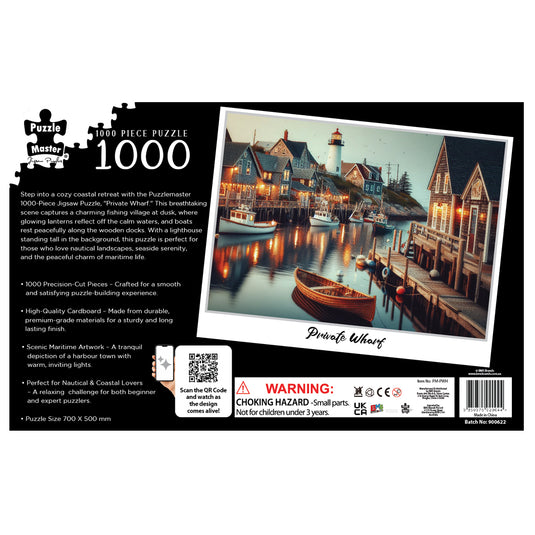 Back of the box for the Puzzle Master 1000-piece Private Wharf jigsaw puzzle showing the coastal village artwork and product specifications.