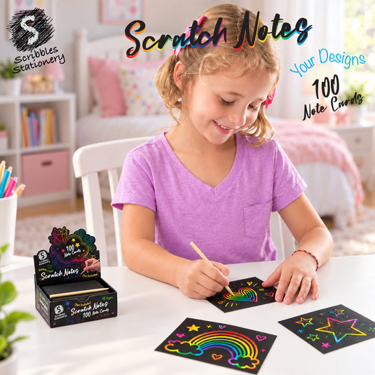 A child drawing a rainbow heart onto a black scratch note card using a wooden stylus, next to a Scribbles Stationery 100-pack box.
