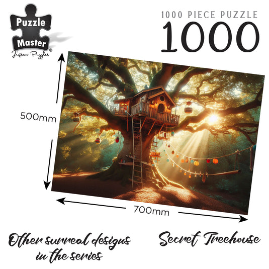 Graphic showing the Puzzle Master Secret Treehouse 1000-piece jigsaw puzzle artwork with dimensions of 700mm by 500mm.