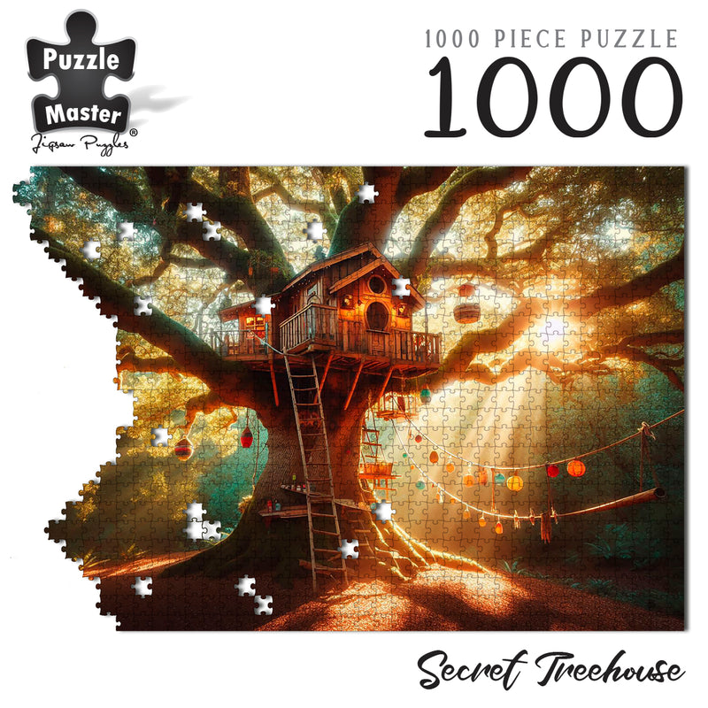 Load image into Gallery viewer, Puzzle Master 1000 piece jigsaw puzzle titled Secret Treehouse featuring an illuminated wooden treehouse in a sunlit forest.

