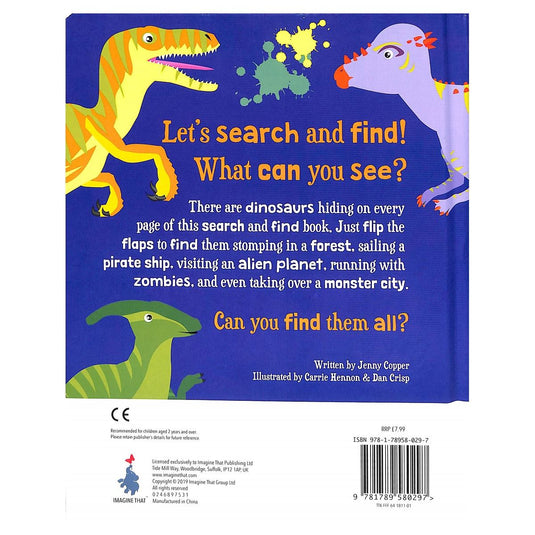 Back cover of Too Many Dinosaurs, Pirates & Monsters showing dinosaur illustrations and search and find book description