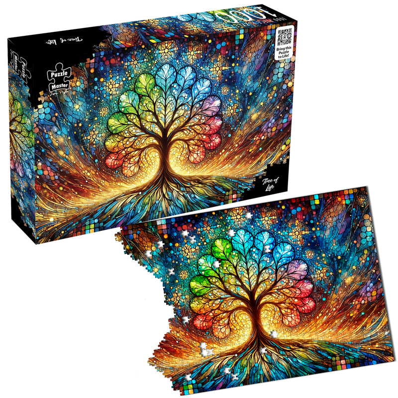 Load image into Gallery viewer, Puzzle Master Tree of Life 1000-piece jigsaw puzzle box and assembled puzzle featuring a colourful stained glass style tree artwork.
