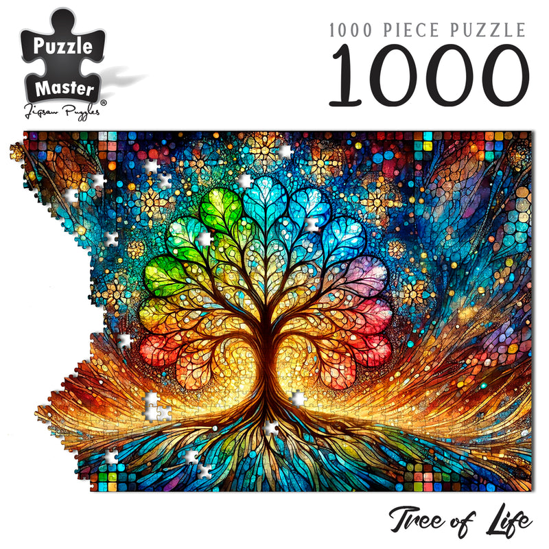 Load image into Gallery viewer, Puzzle Master Tree of Life 1000 piece jigsaw puzzle showcasing a colourful stained-glass tree with mosaic patterns.
