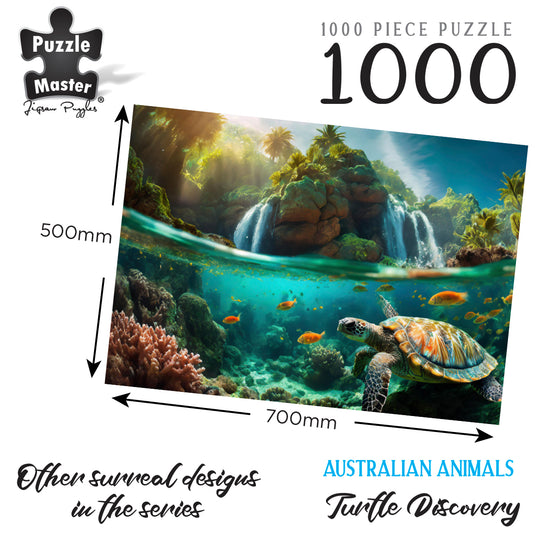 Infographic showing the 1000-piece Puzzle Master Turtle Discovery jigsaw puzzle artwork with dimensions of 500mm by 700mm.