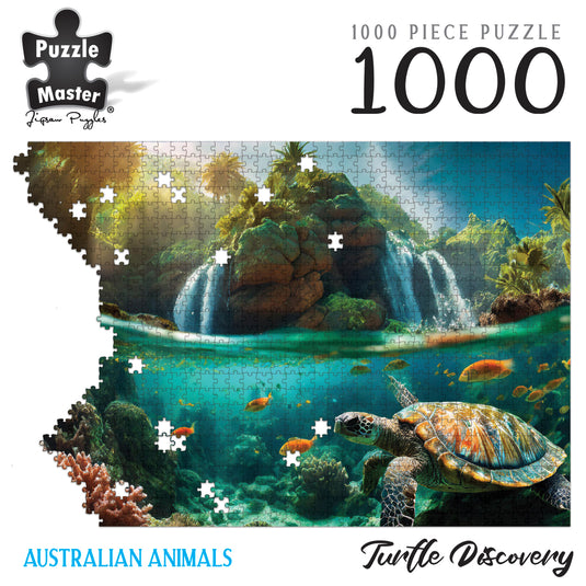 Puzzle Master 1000 Piece Jigsaw Puzzle graphic of Turtle Discovery featuring an over-underwater scene with a sea turtle, reef fish, and waterfalls.
