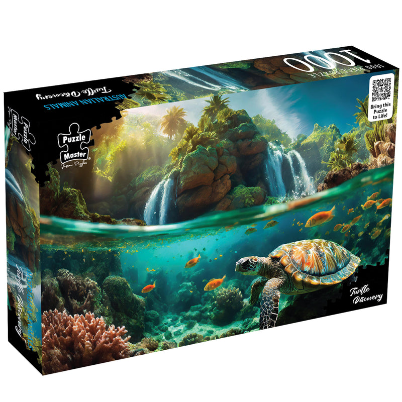 Load image into Gallery viewer, Puzzle box for Puzzle Master Australian Animals Turtle Discovery 1000-piece jigsaw, featuring an over-under view of a tropical waterfall and a sea turtle swimming over coral reef.
