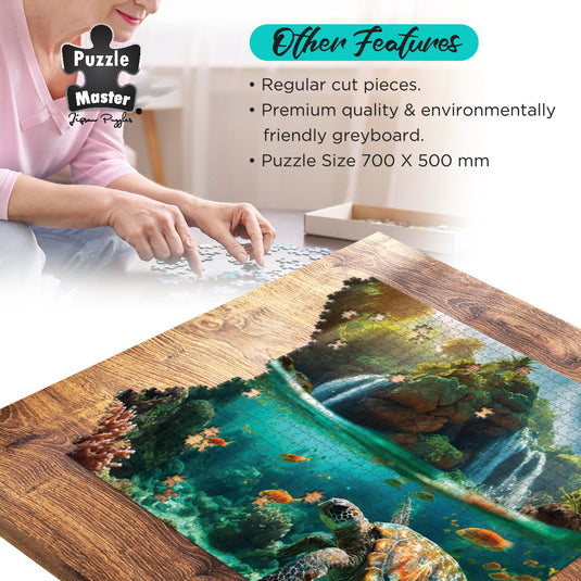 Puzzle Master jigsaw puzzle featuring a sea turtle being assembled on a wooden table, detailing features like regular cut pieces and greyboard material.