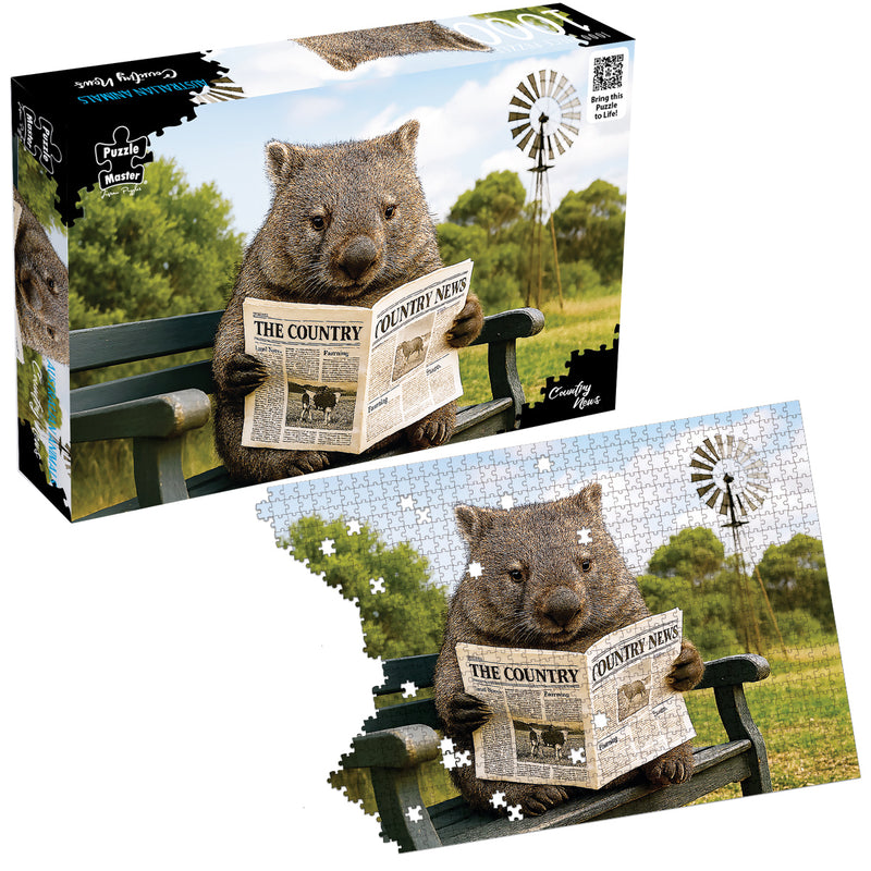 Load image into Gallery viewer, Puzzle Master 1000-piece jigsaw puzzle box and partially assembled puzzle featuring a wombat reading a newspaper on a bench.
