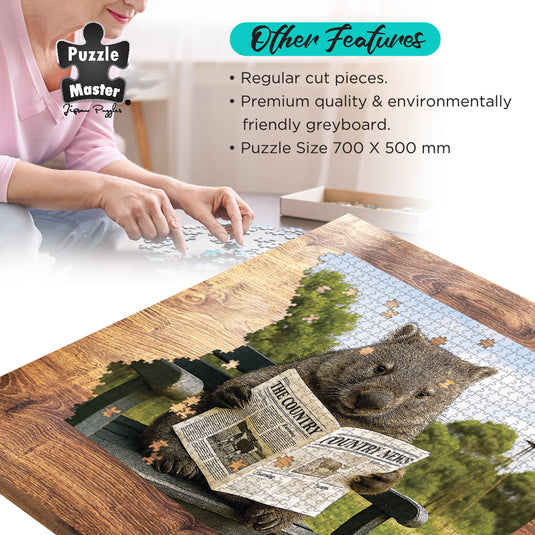 Graphic of a Puzzle Master jigsaw puzzle featuring a wombat reading a newspaper, with key product specifications listed above.