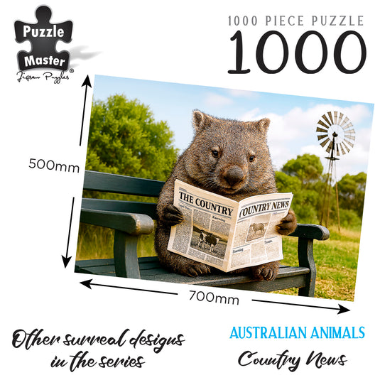 Puzzle Master 1000 piece puzzle graphic featuring a wombat reading a newspaper on a bench with 500mm by 700mm dimensions indicated.