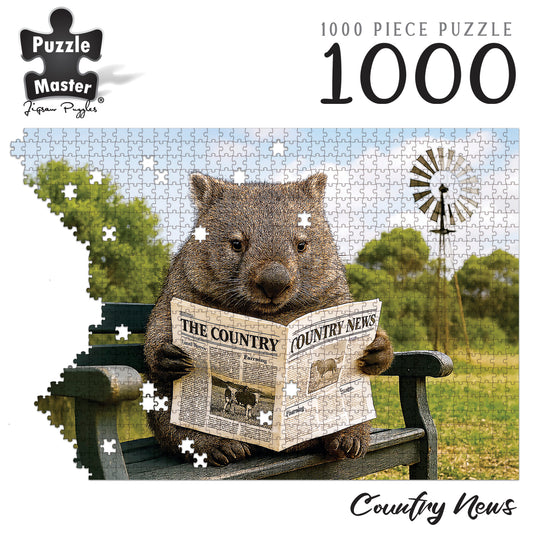 Puzzle Master Country News 1000 piece jigsaw puzzle artwork featuring a wombat reading a newspaper on a park bench
