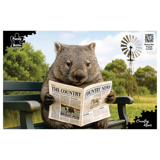 Puzzle Master puzzle artwork featuring a wombat seated on a bench reading a newspaper in an Australian rural landscape.