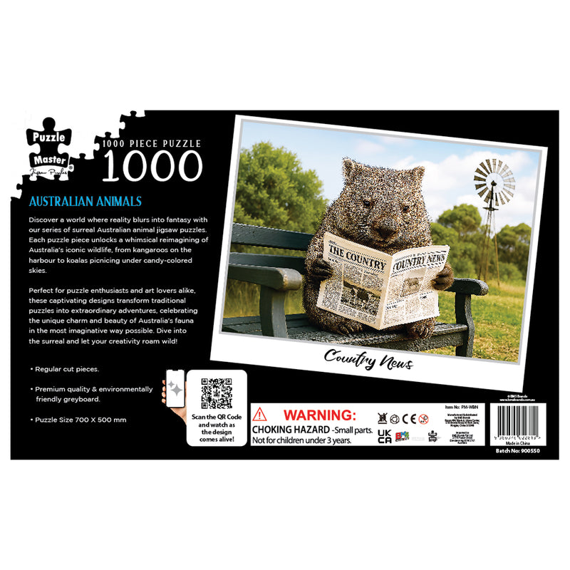Load image into Gallery viewer, Back of the Puzzle Master 1000 piece Australian Animals jigsaw puzzle box featuring a wombat reading a newspaper on a park bench.
